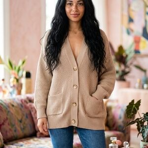 aerie💗BeigeChunky Knit Button-Front CardiganFRONT PATCH POCKETS 100%Cotton SzXL